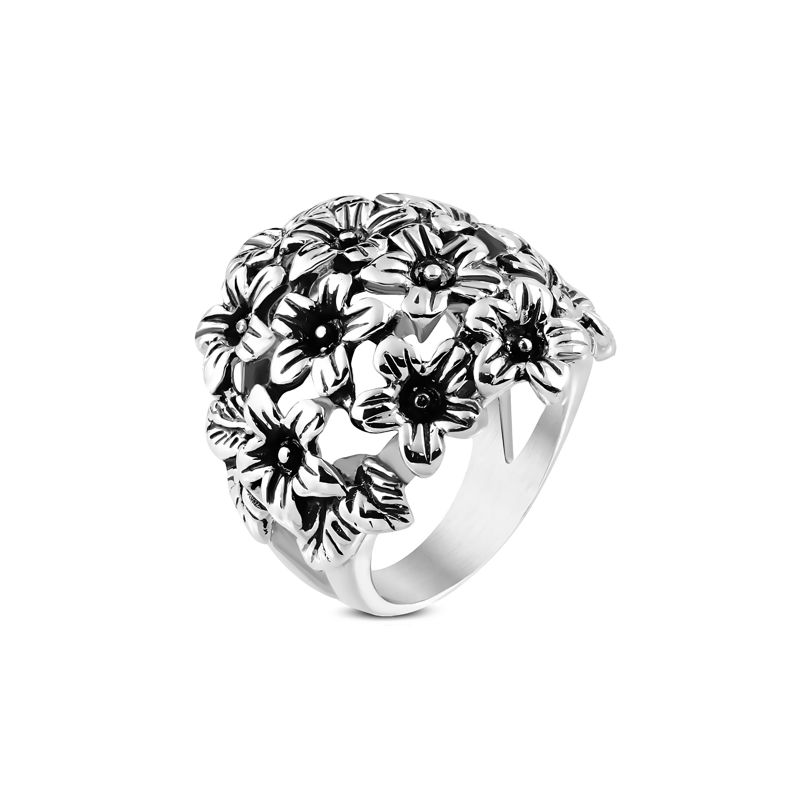 Large Wide Domed Flower Cluster - Steel Ring w/Black Plating - Click Image to Close